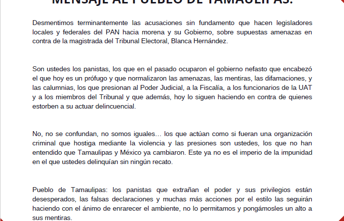 Mensaje al pueblo de Tamaulipas de la dirigente de Morena en Tamaulipas