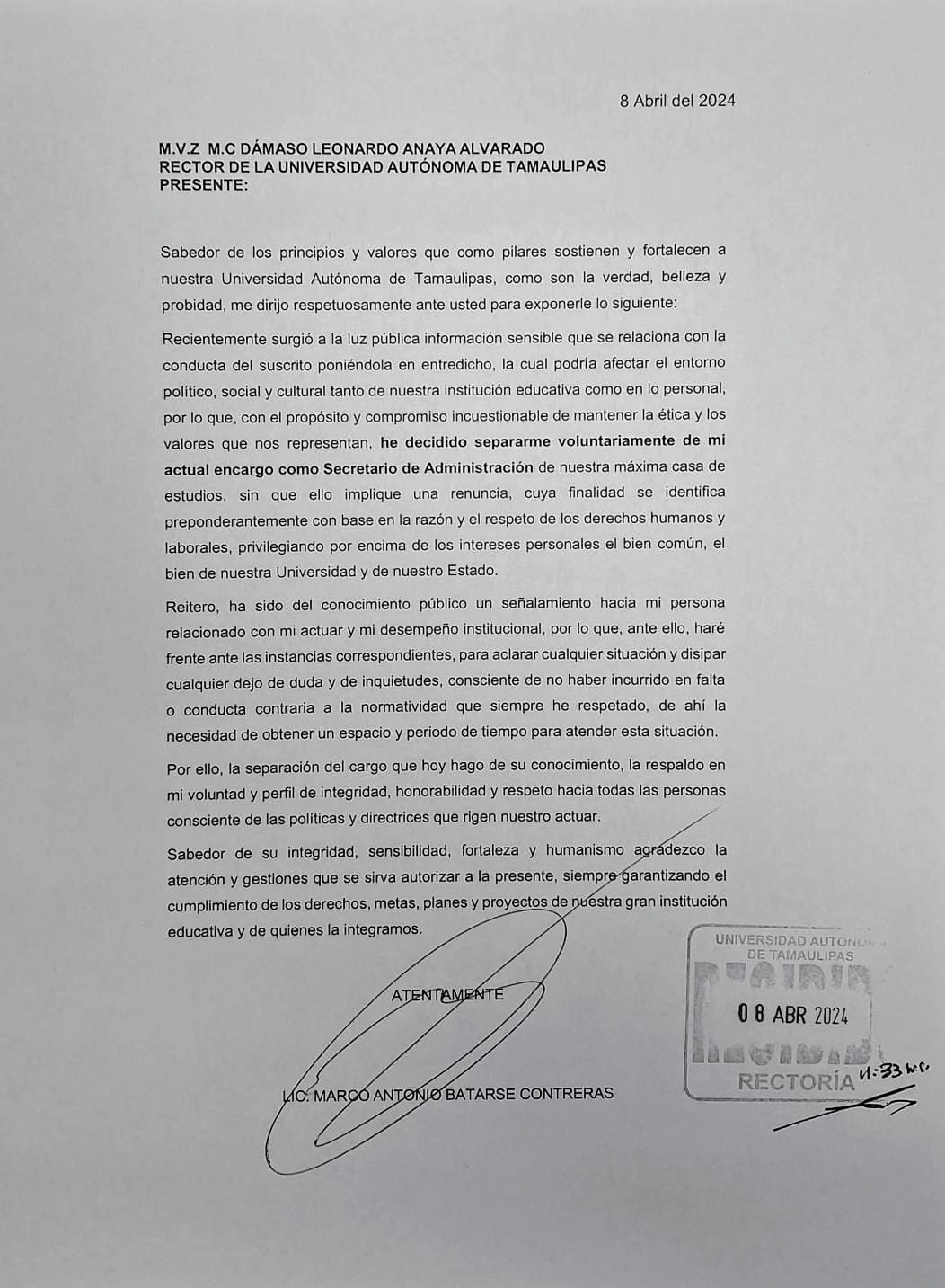Marco Batarse Contreras se separa del cargo como secretario de administración en la UAT
